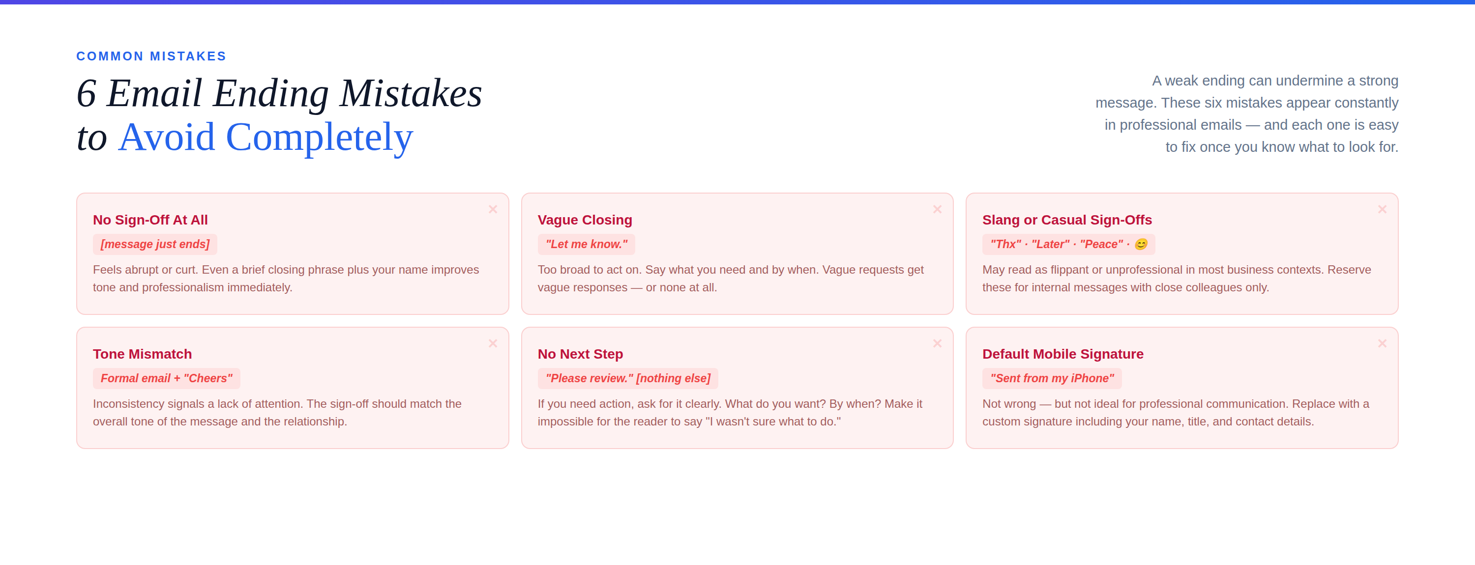 6 common mistakes in a red-bordered grid — No Sign-Off, Vague Closing, Slang, Tone Mismatch, No Next Step, Mobile Signature