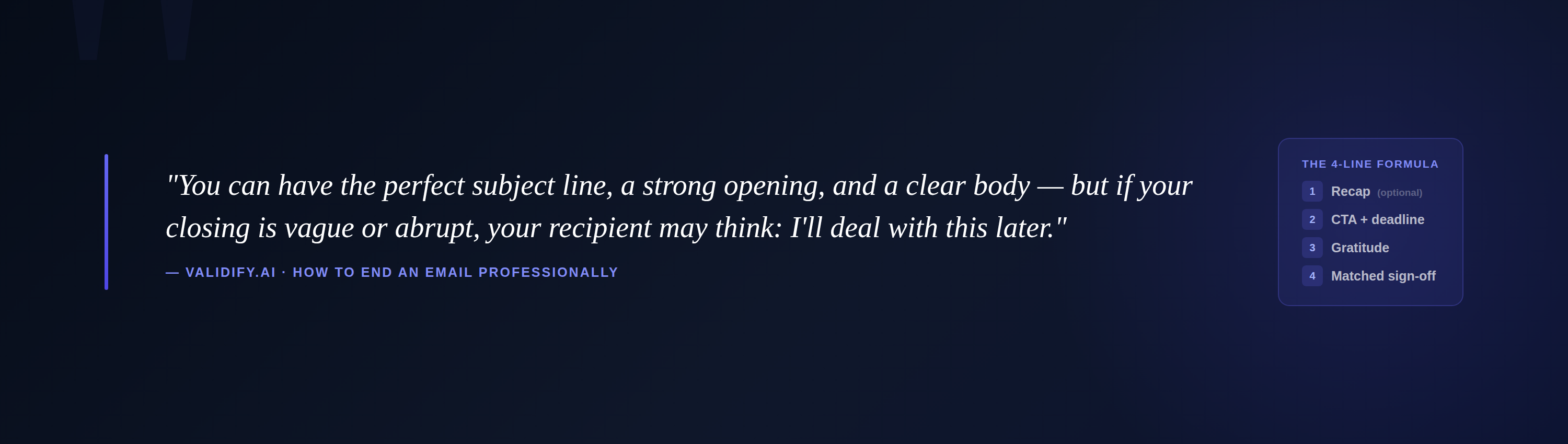 Pull quote with the 4-Line Formula (Recap → CTA → Gratitude → Sign-off) as the visual aside