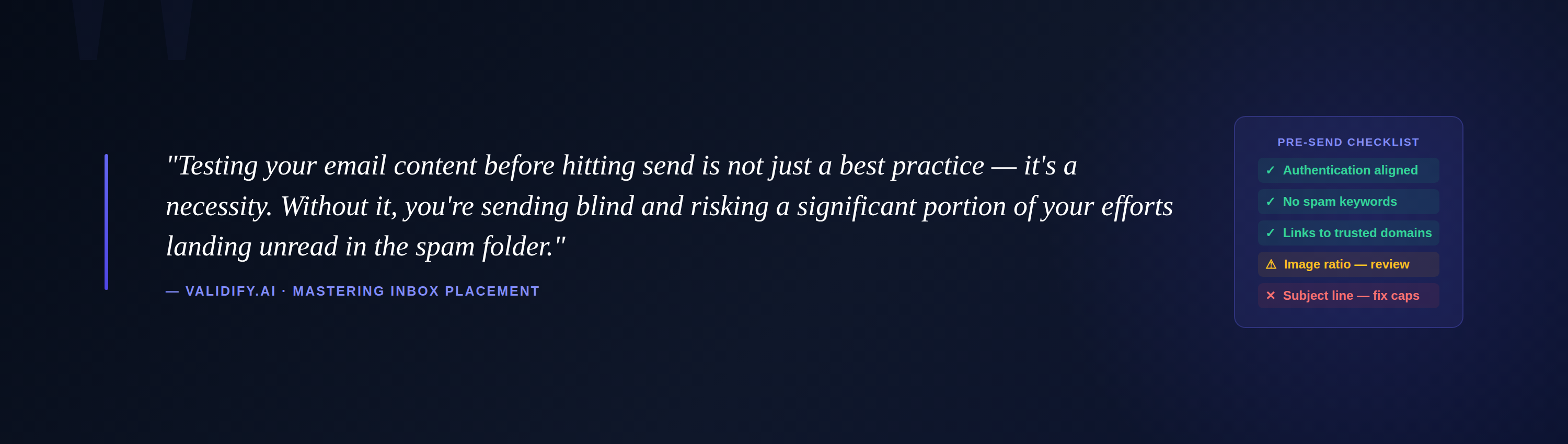 Pull quote with a pre-send checklist aside showing pass/warn/fail states