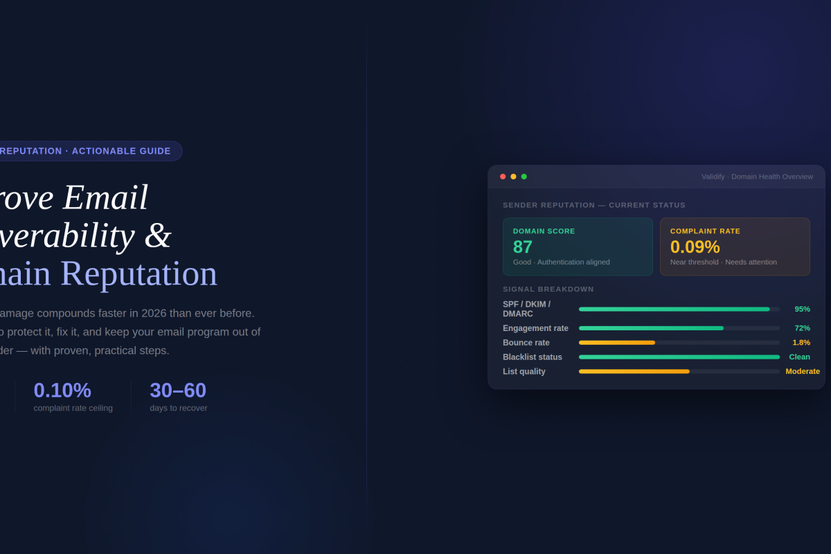 Hero with a live Domain Health dashboard mock — domain score, complaint rate, and 5 signal bars (auth, engagement, bounces, blacklists, list quality)